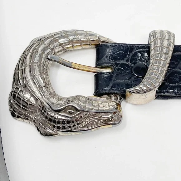 Vintage Vicenza 404 Leather Croc Belt Silver Hardwear Embossed Adjustable Sz 32 - Picture 4 of 7